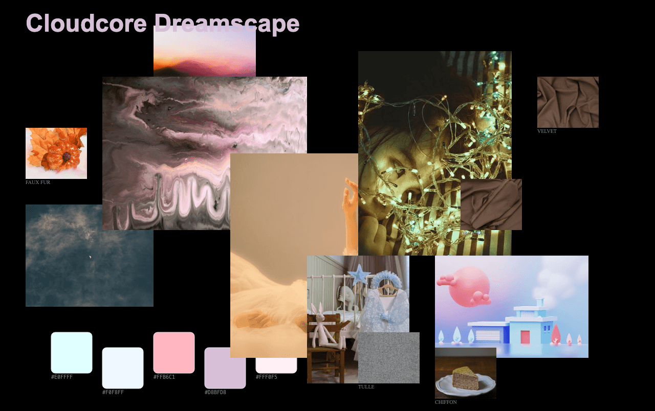 Complete Cloudcore Dreamscape Design moodboard layout with reference images and color palette