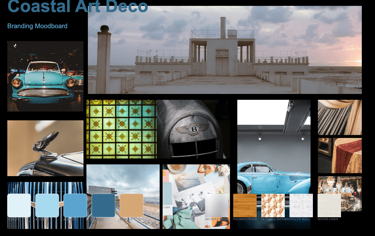 Complete Coastal Art Deco moodboard layout with reference images and color palette
