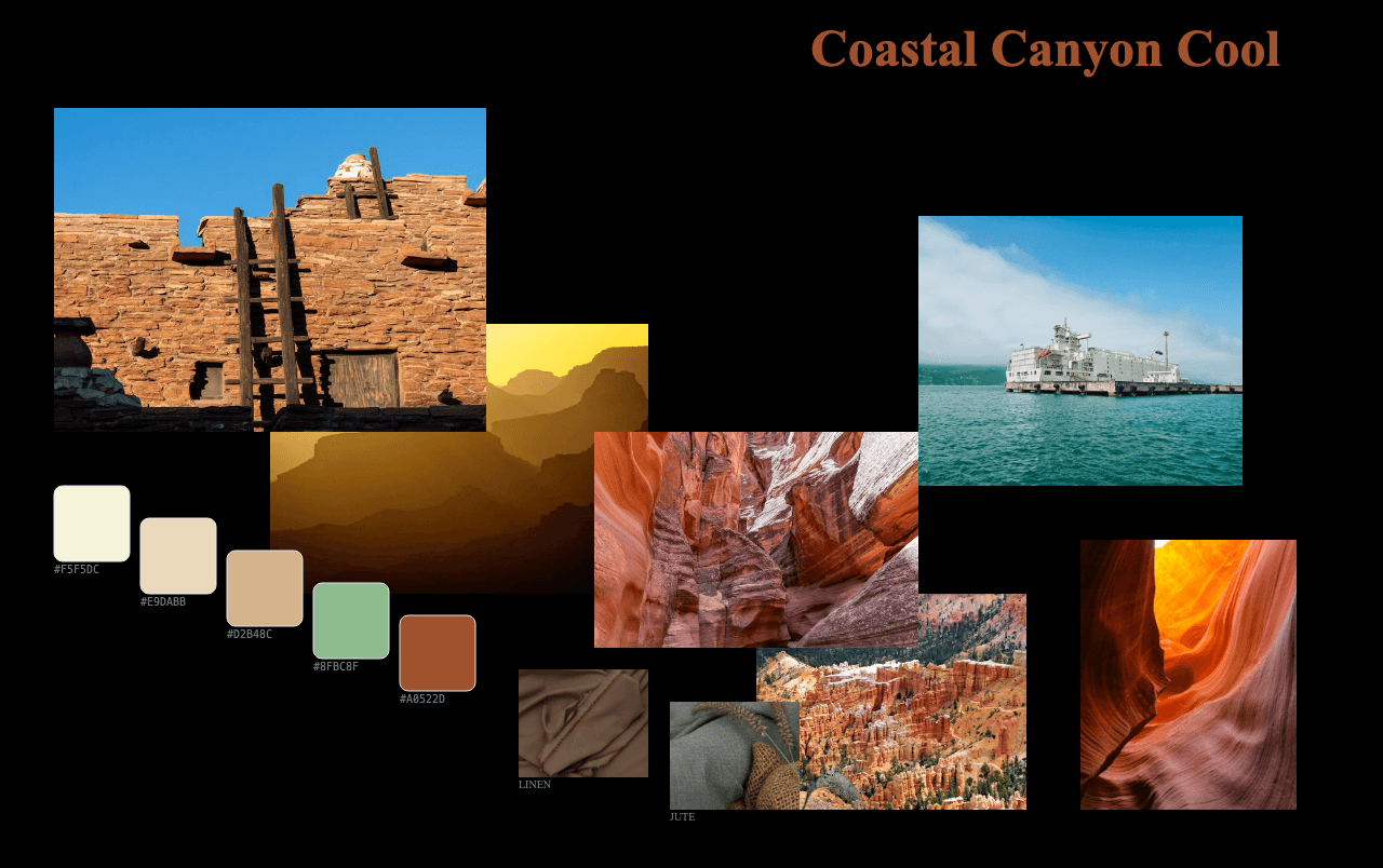 Complete Coastal Canyon Cool moodboard layout with reference images and color palette