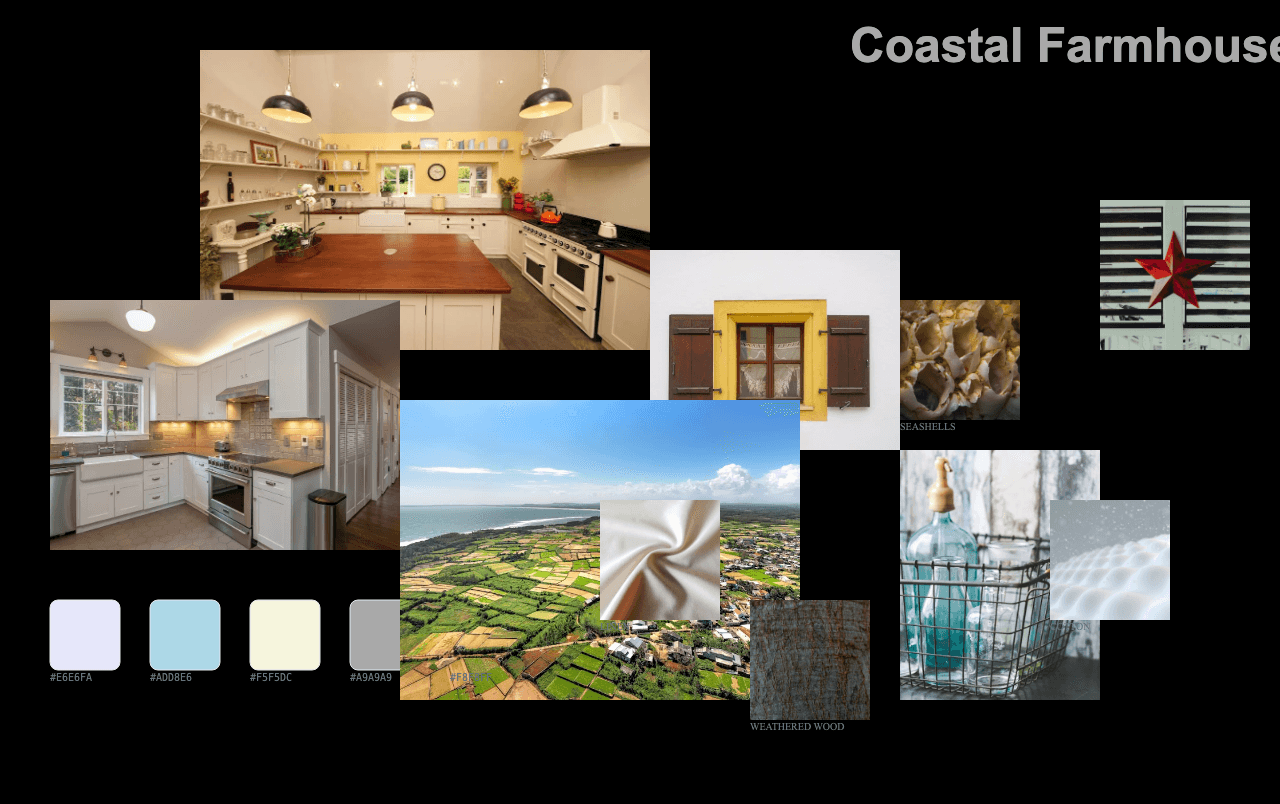 Complete Coastal Farmhouse moodboard layout with reference images and color palette