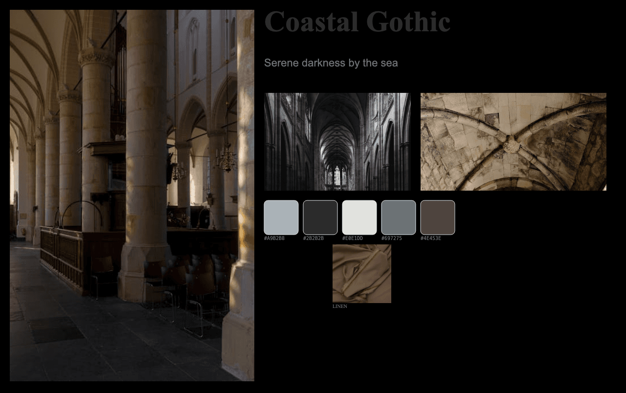 Complete Coastal Gothic moodboard layout with reference images and color palette