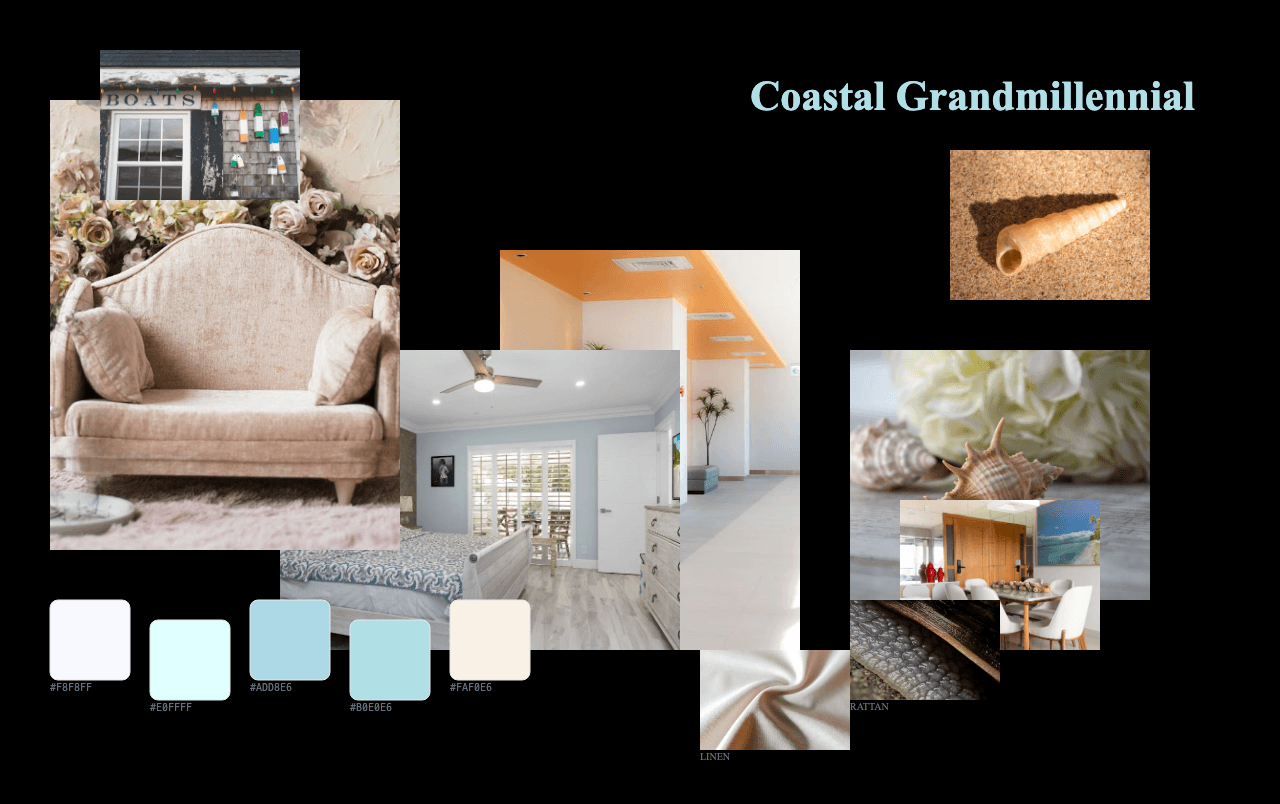Complete Coastal Grandmillennial moodboard layout with reference images and color palette