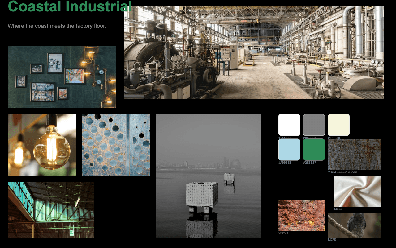 Complete Coastal Industrial moodboard layout with reference images and color palette
