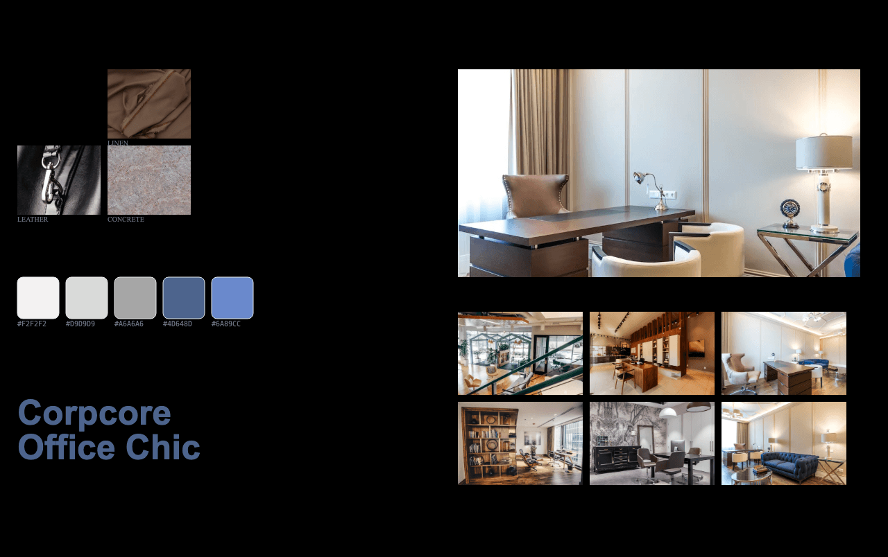 Complete Corpcore Office Chic moodboard layout with reference images and color palette
