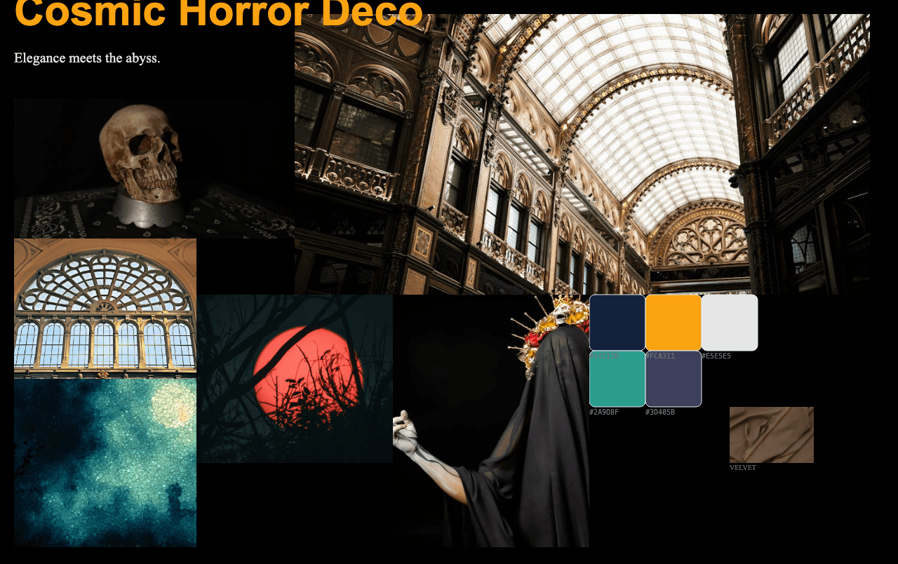 Complete Cosmic Horror Deco moodboard layout with reference images and color palette