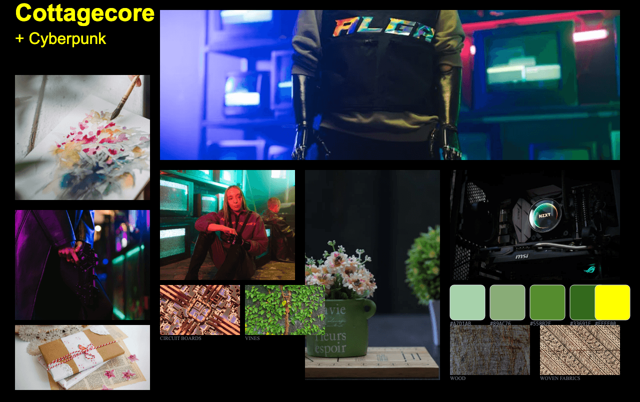 Complete Cottagecore Cyberpunk moodboard layout with reference images and color palette