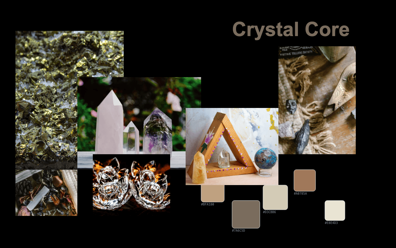 Complete Crystal Core Design moodboard layout with reference images and color palette