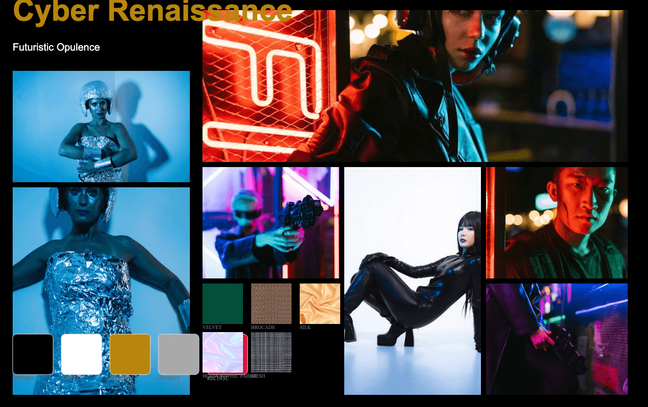 Complete Cyber Renaissance moodboard layout with reference images and color palette
