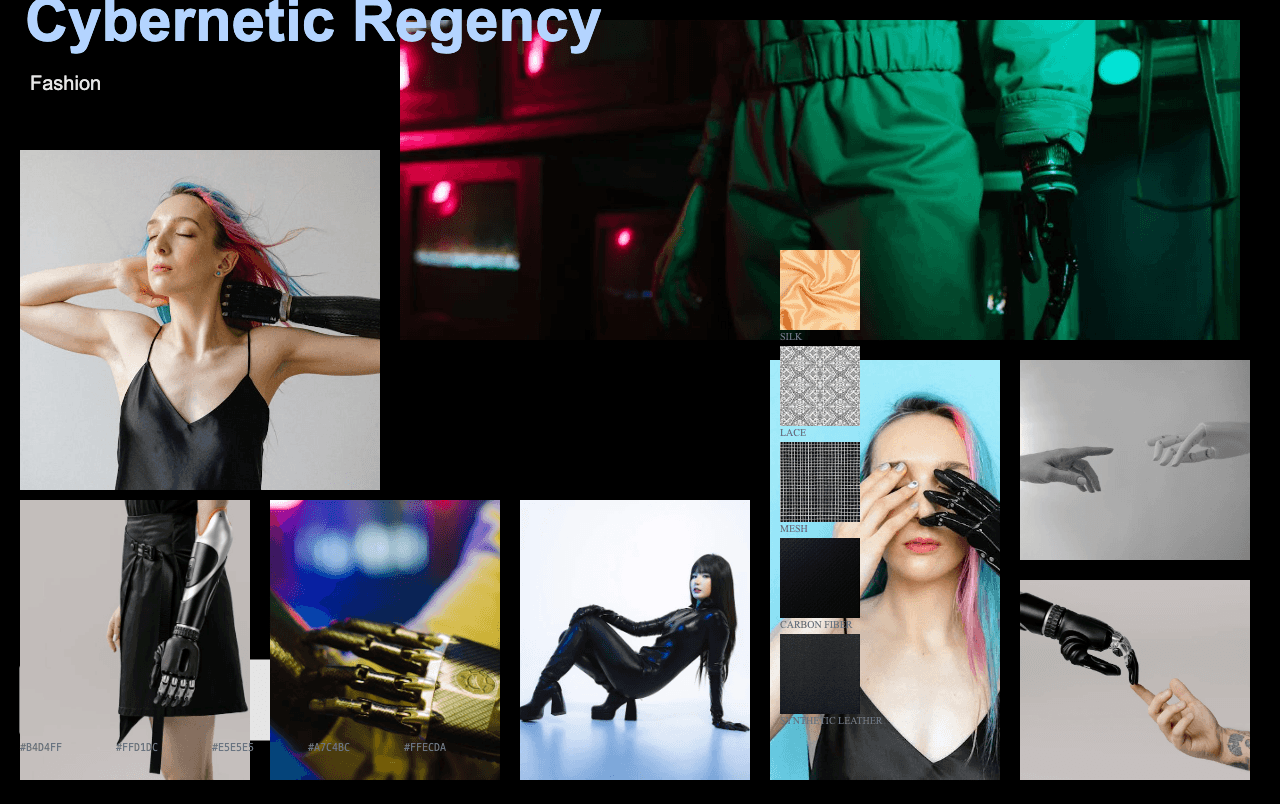 Complete Cybernetic Regency moodboard layout with reference images and color palette