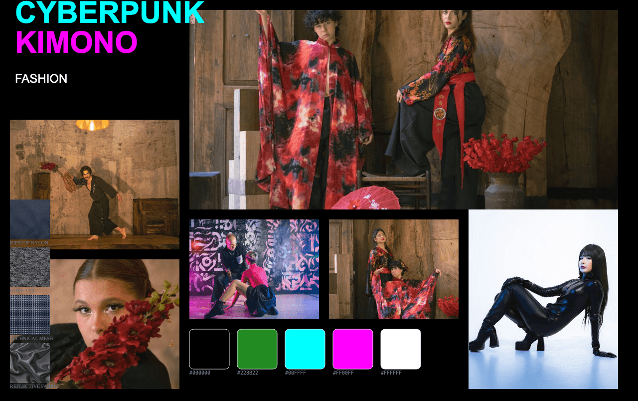 Complete Cyberpunk Kimono moodboard layout with reference images and color palette