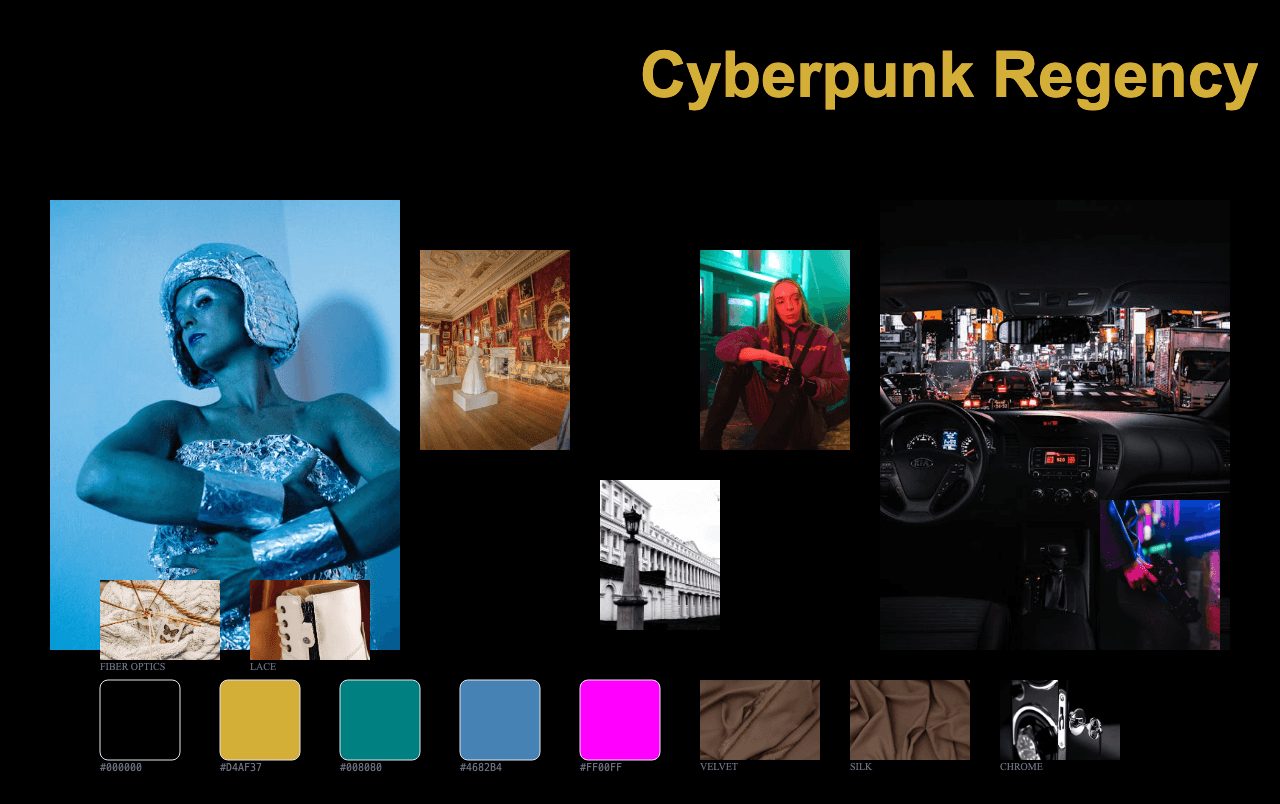 Complete Cyberpunk Regency moodboard layout with reference images and color palette