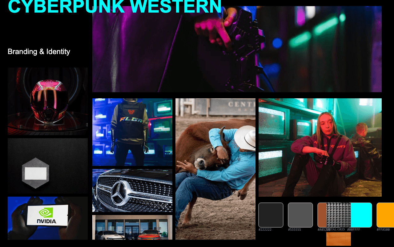 Complete Cyberpunk Western moodboard layout with reference images and color palette