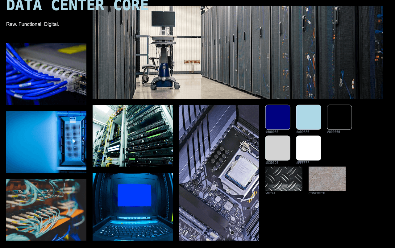 Complete Data Center Core moodboard layout with reference images and color palette