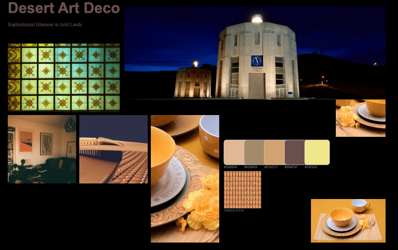 Complete Desert Art Deco moodboard layout with reference images and color palette