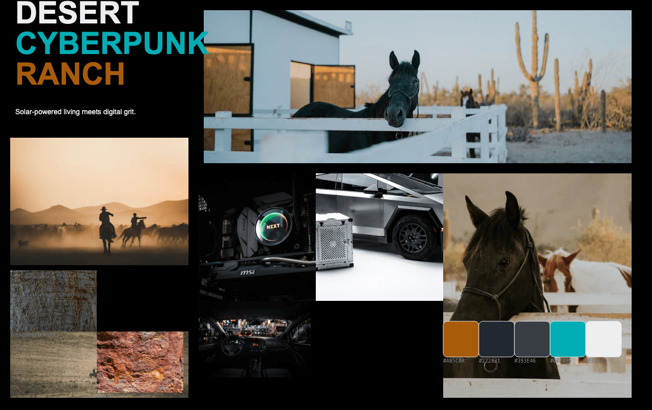 Complete Desert Cyberpunk Ranch moodboard layout with reference images and color palette