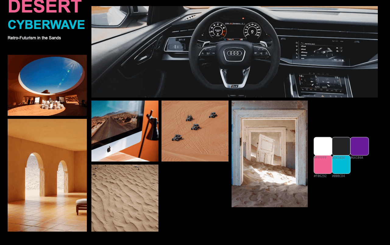 Complete Desert Cyberwave moodboard layout with reference images and color palette