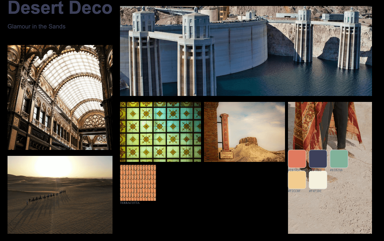 Complete Desert Deco moodboard layout with reference images and color palette