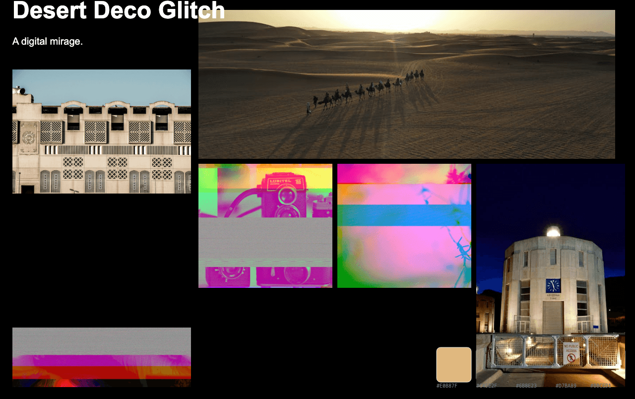 Complete Desert Deco Glitch moodboard layout with reference images and color palette