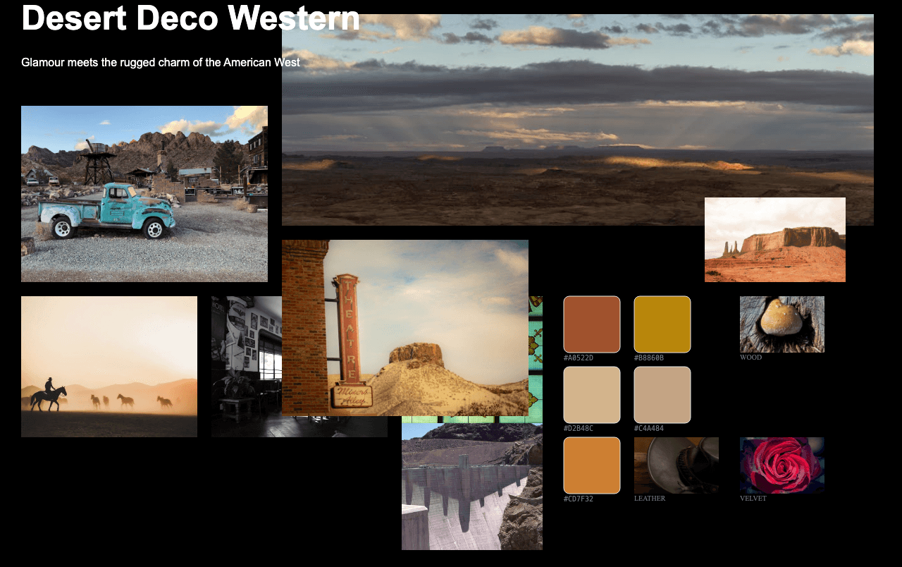 Complete Desert Deco Western moodboard layout with reference images and color palette