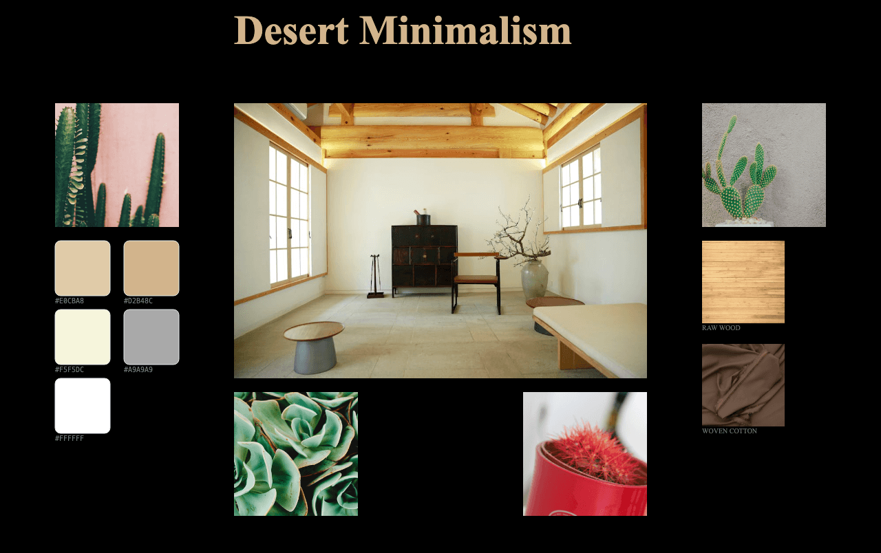 Complete Desert Minimalism moodboard layout with reference images and color palette
