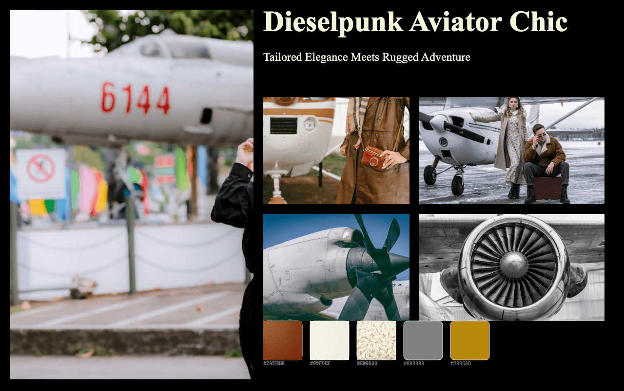 Complete Dieselpunk Aviator Chic moodboard layout with reference images and color palette