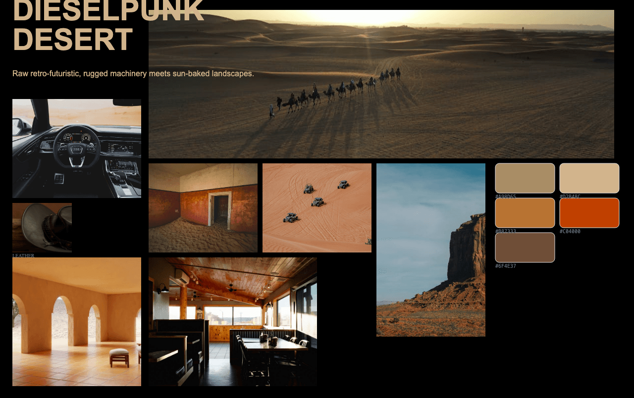 Complete Dieselpunk Desert moodboard layout with reference images and color palette