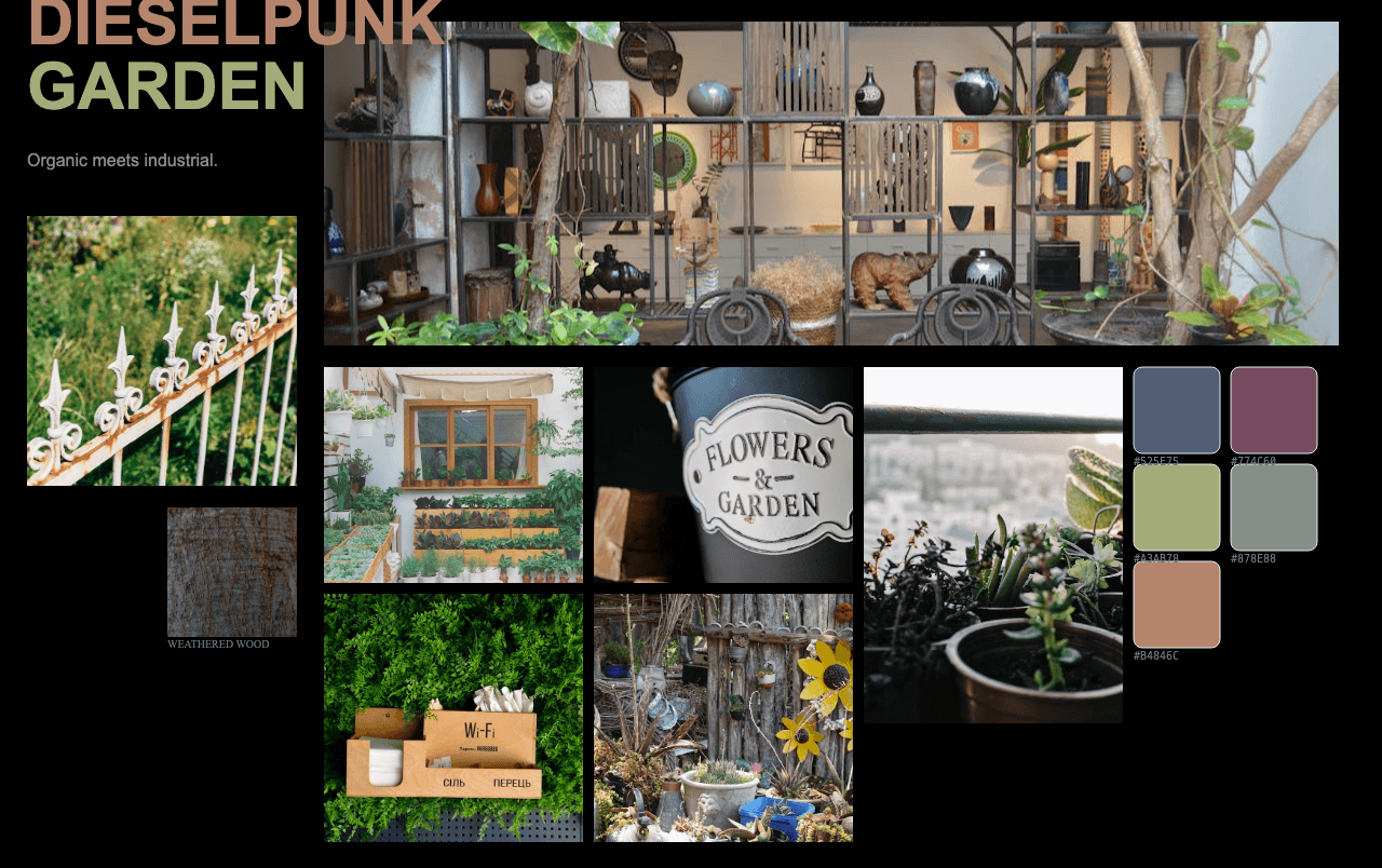 Complete Dieselpunk Garden moodboard layout with reference images and color palette