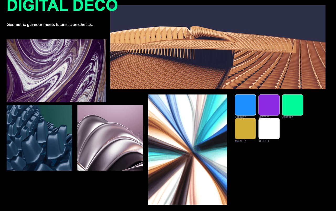 Complete Digital Deco moodboard layout with reference images and color palette