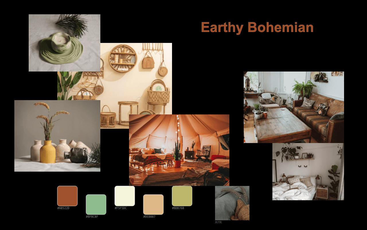 Complete Earthy Bohemian moodboard layout with reference images and color palette