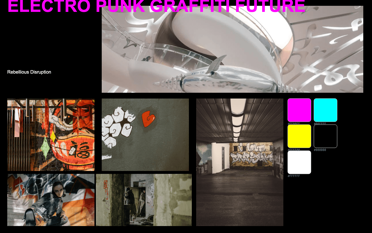 Complete Electropunk Graffiti Future moodboard layout with reference images and color palette