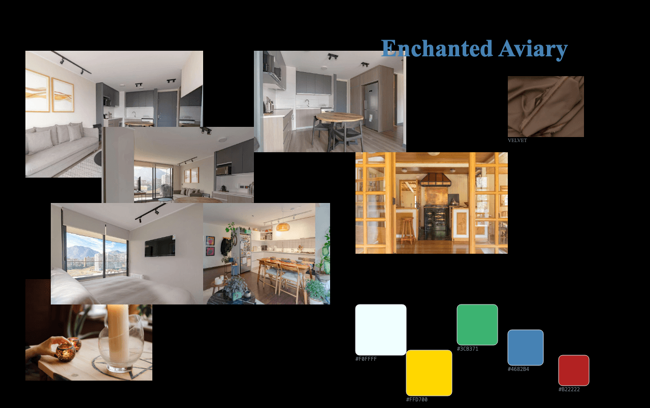 Complete Enchanted Aviary Design moodboard layout with reference images and color palette