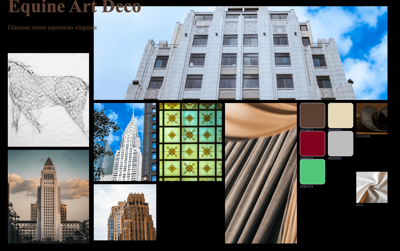 Complete Equine Art Deco moodboard layout with reference images and color palette