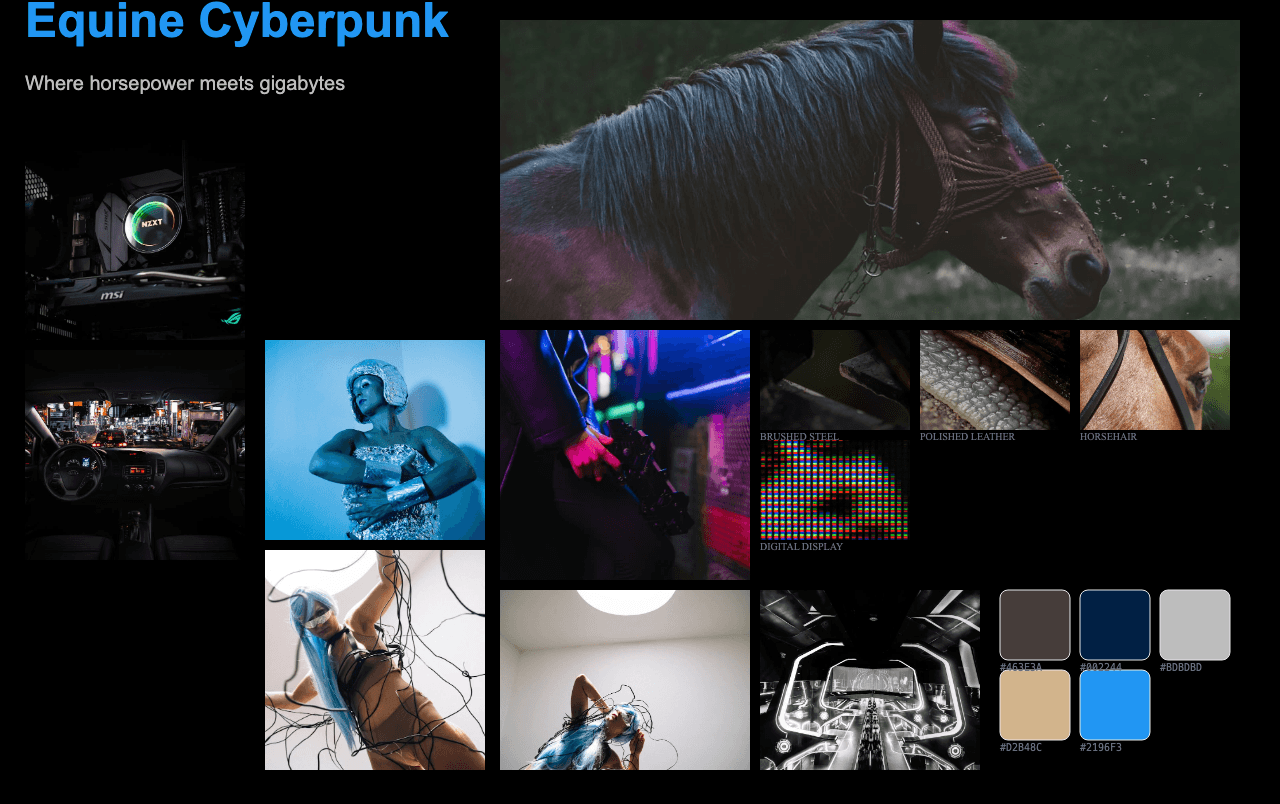 Complete Equine Cyberpunk moodboard layout with reference images and color palette