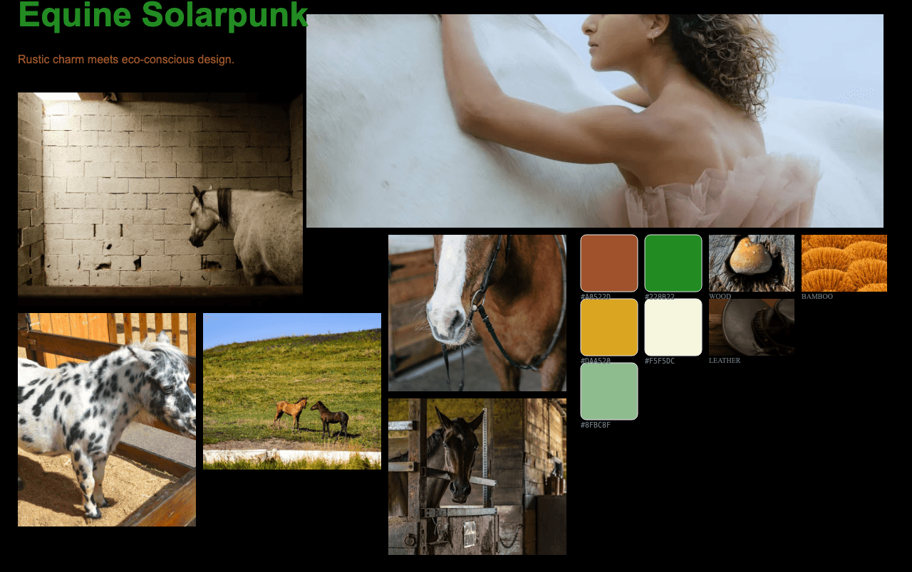 Complete Equine Solarpunk moodboard layout with reference images and color palette