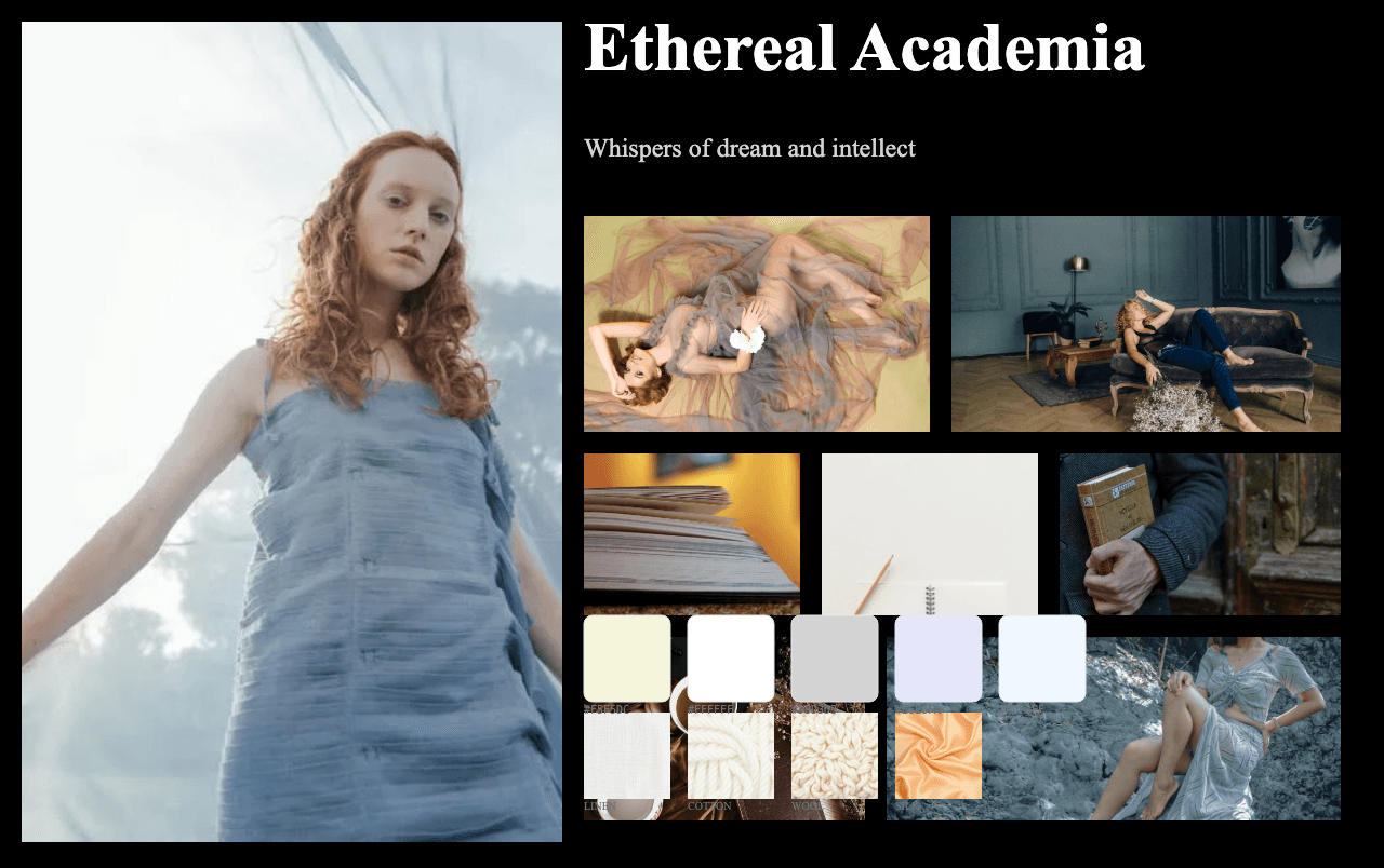 Complete Ethereal Academia moodboard layout with reference images and color palette