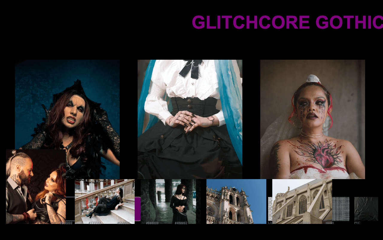 Complete Glitchcore Gothic moodboard layout with reference images and color palette