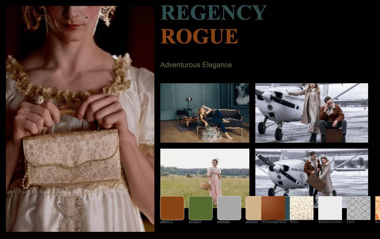Complete Regency Rogue moodboard layout with reference images and color palette