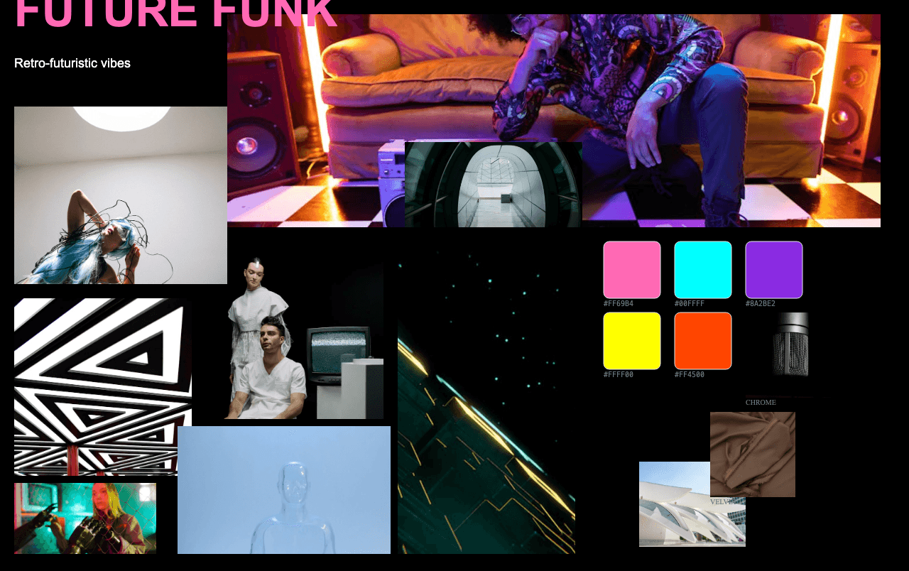 Complete Future Funk Design moodboard layout with reference images and color palette
