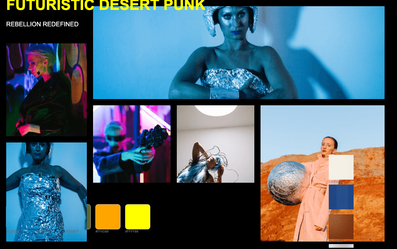 Complete Futuristic Desert Punk moodboard layout with reference images and color palette