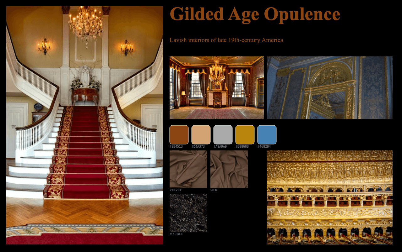 Complete Gilded Age Opulence moodboard layout with reference images and color palette
