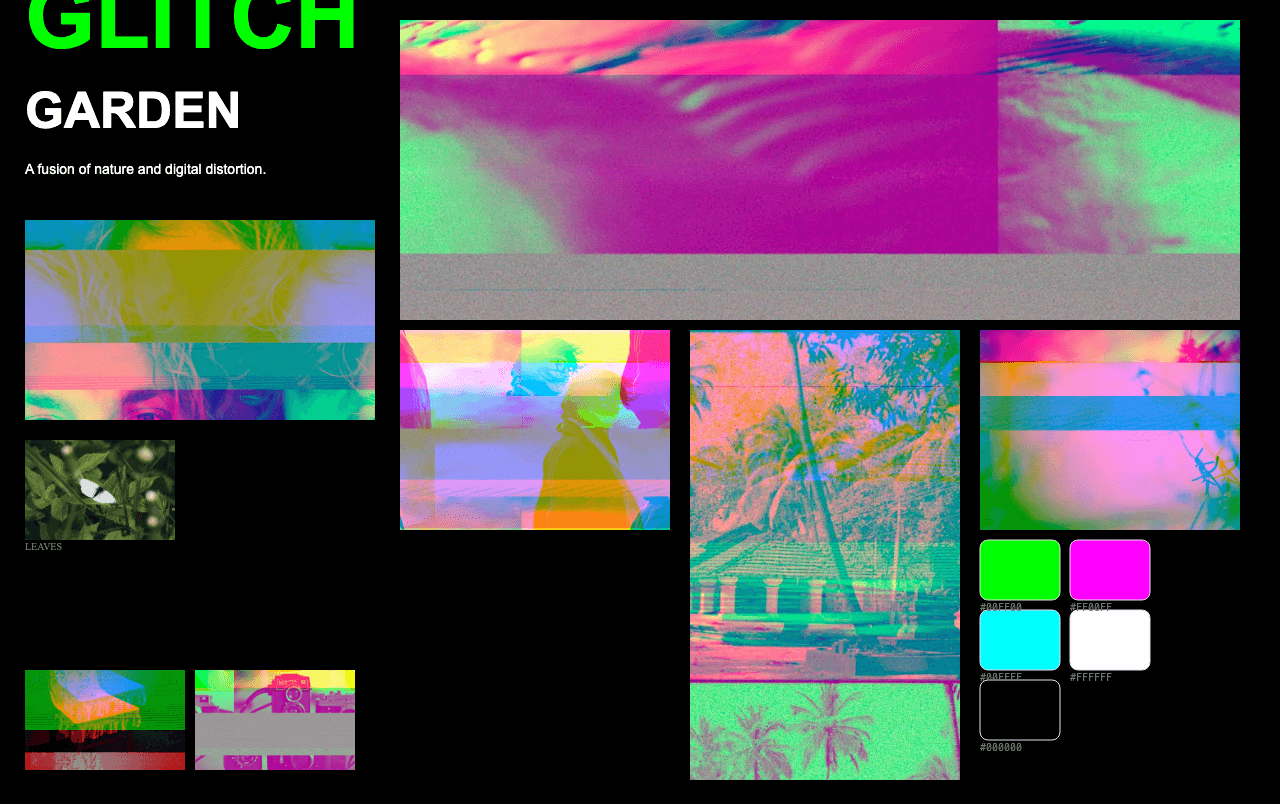 Complete Glitch Garden moodboard layout with reference images and color palette