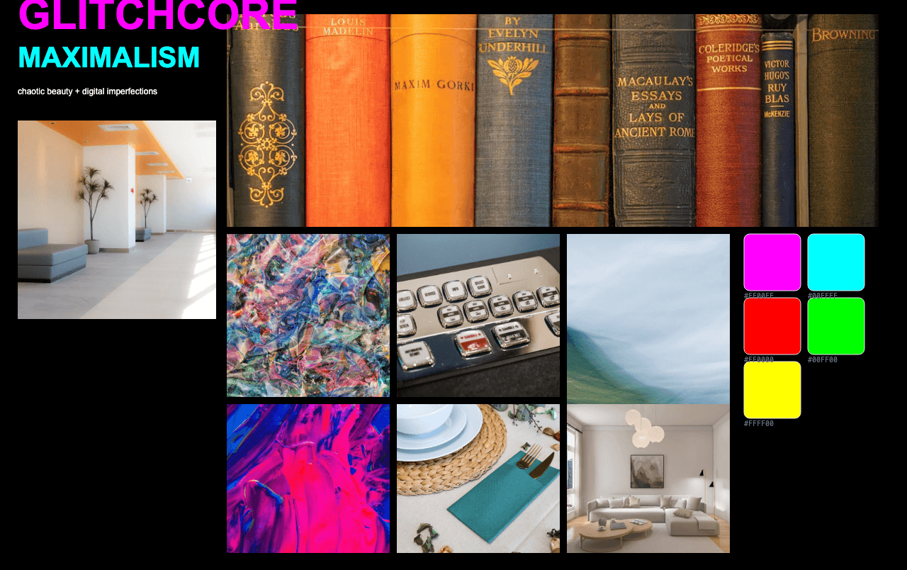 Complete Glitchcore Maximalism moodboard layout with reference images and color palette