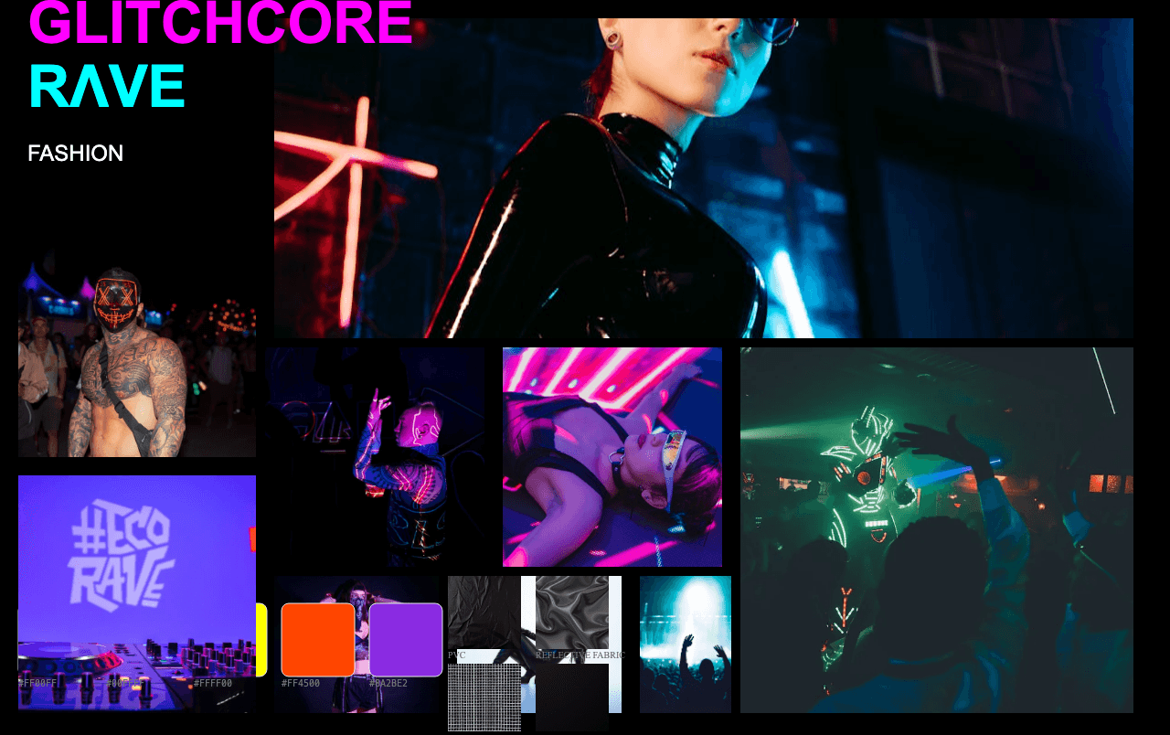 Complete Glitchcore Rave moodboard layout with reference images and color palette