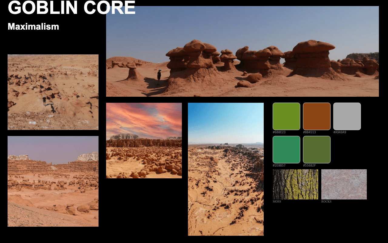 Complete Goblin Core Maximalism moodboard layout with reference images and color palette