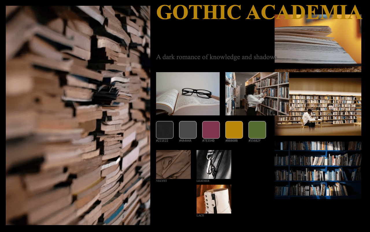 Complete Gothic Academia moodboard layout with reference images and color palette