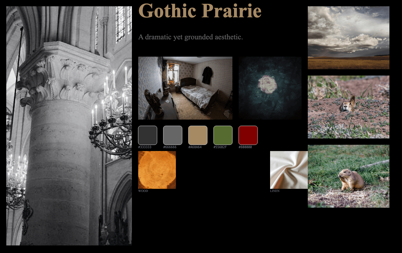 Complete Gothic Prairie moodboard layout with reference images and color palette