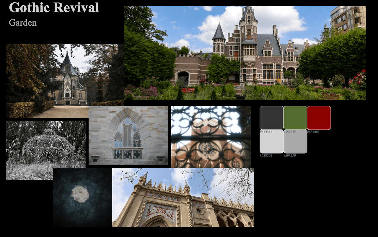 Complete Gothic Revival Garden moodboard layout with reference images and color palette
