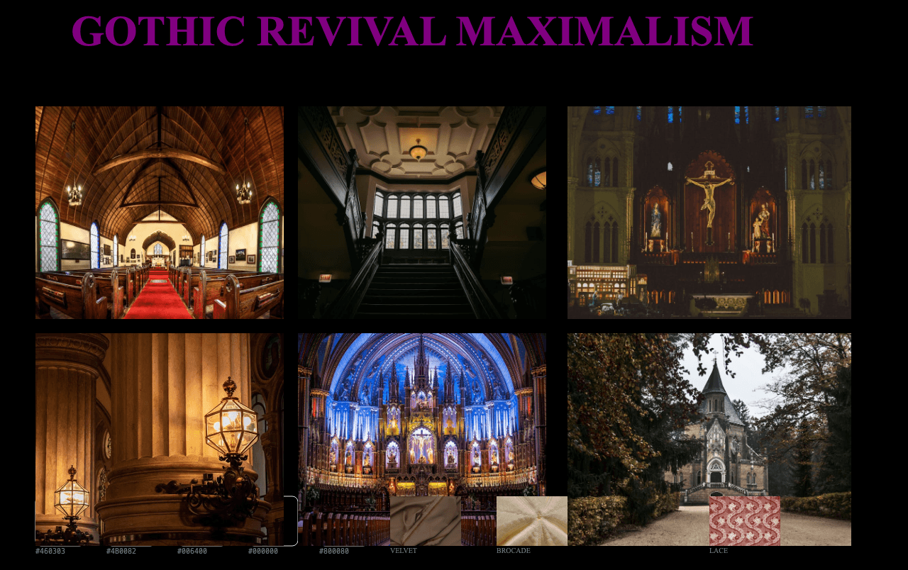 Complete Gothic Revival Maximalism moodboard layout with reference images and color palette