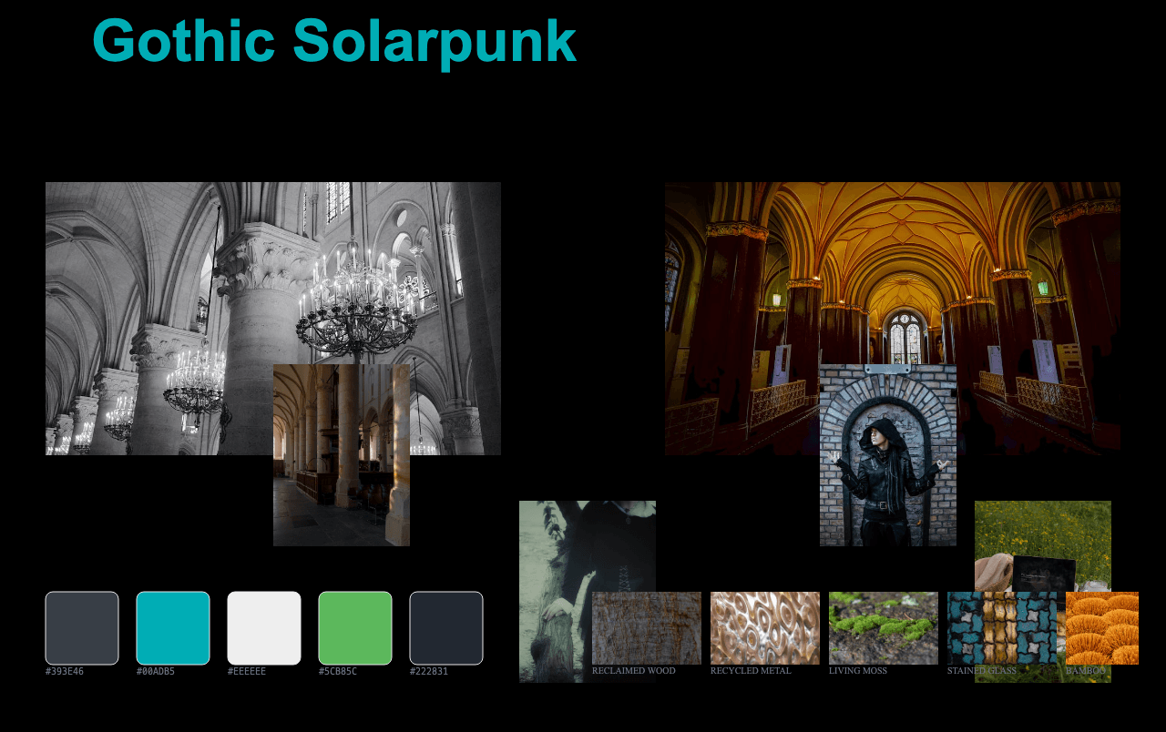 Complete Gothic Solarpunk moodboard layout with reference images and color palette