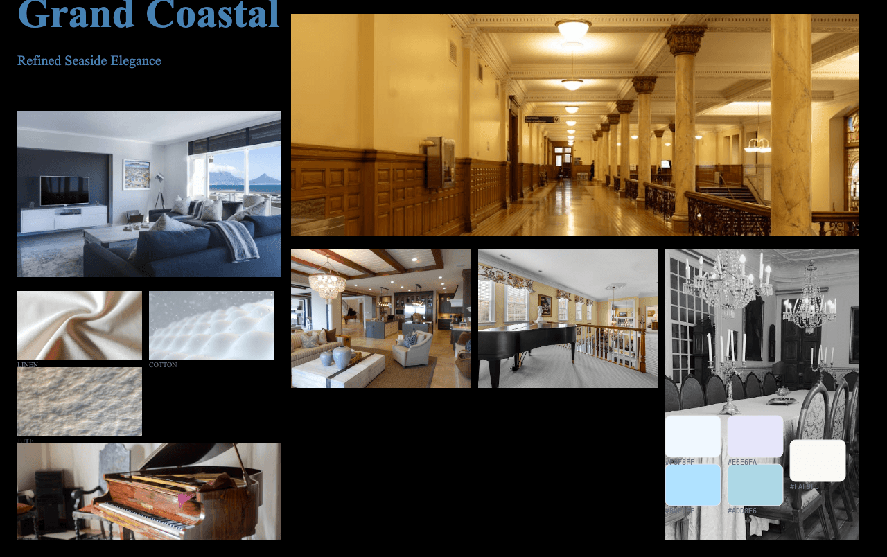 Complete Grand Coastal moodboard layout with reference images and color palette